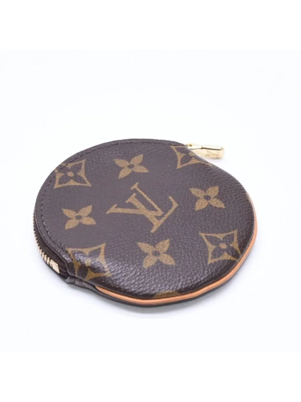 Louis Vuitton Porte Monnaie Rond Coin Purse Monogram Canvas Brown Case Gold